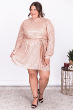 Load image into Gallery viewer, Making Plans Mock Neck Rose Gold Sequin Dress
