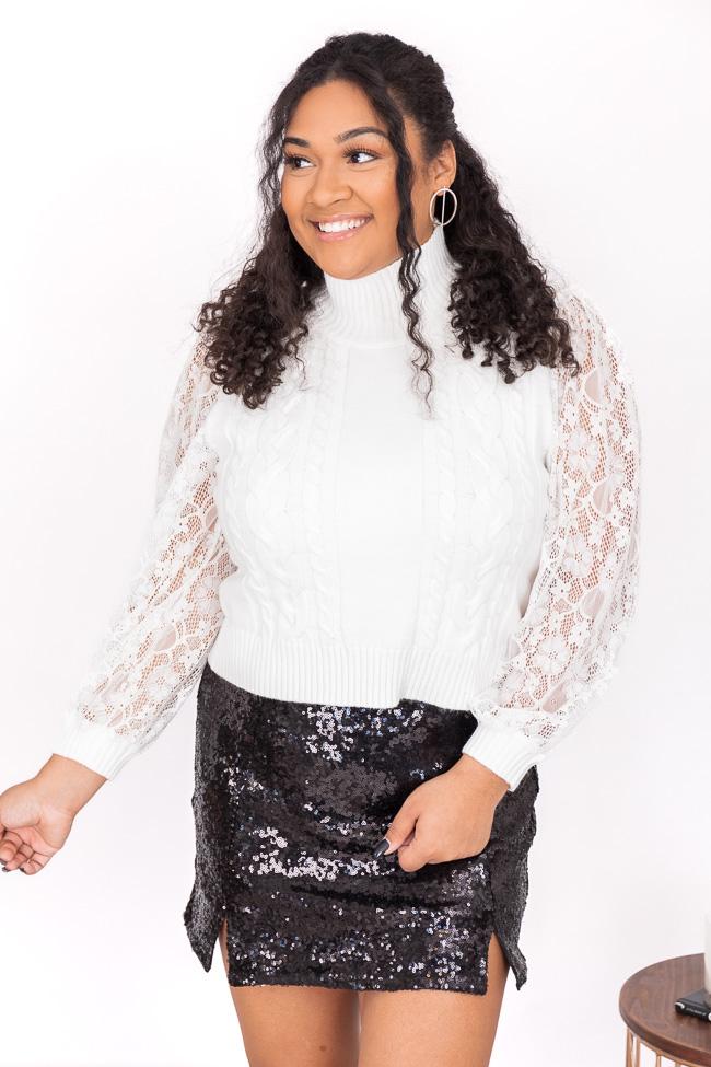 No Big Deal Ivory Lace Sleeve Turtleneck Sweater