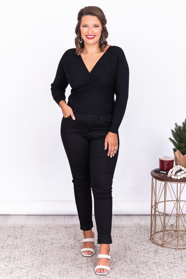Forgiven Heart Black V-neck Wrap Sweater