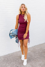 Load image into Gallery viewer, Roll The Dice Burgundy Ruched Ribbed Mini Dress
