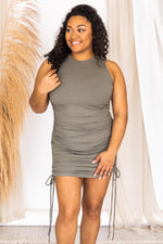 Load image into Gallery viewer, Roll The Dice Olive Ruched Ribbed Mini Dress
