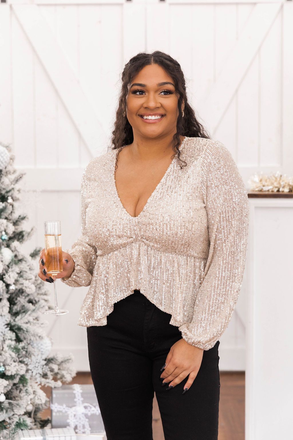 Final Hours Beige Ruffle Sequin Blouse