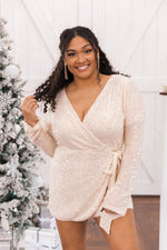 Load image into Gallery viewer, Something To Believe In Champagne Sequin Wrap Romper
