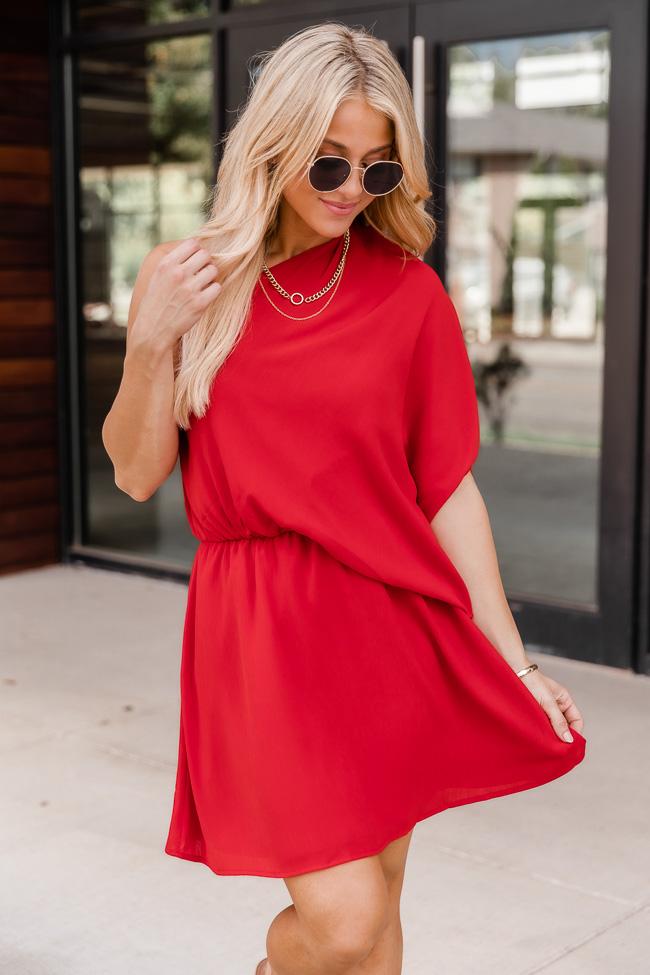 Grand Style Brick One Shoulder Mini Dress
