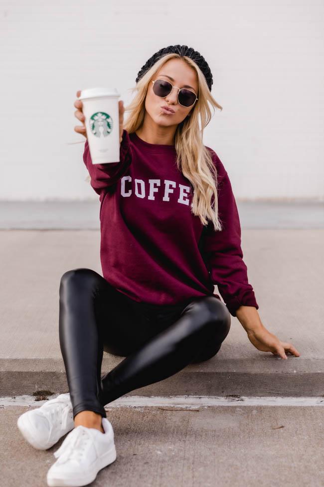 Coffee Varsity Graphic Maroon Sweatshirt