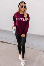 Load image into Gallery viewer, Coffee Varsity Graphic Maroon Sweatshirt

