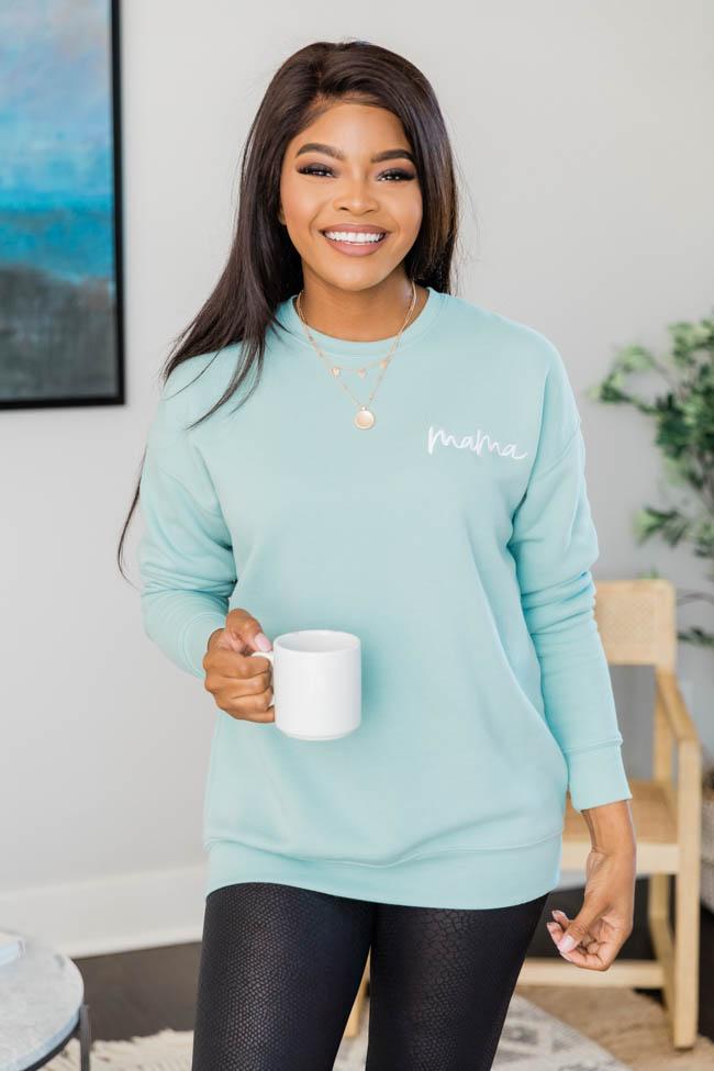 Mama Embroidered Script Dusty Blue Sweatshirt