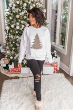 Load image into Gallery viewer, Animal Print Christmas Tree Graphic White Sweatshirt

