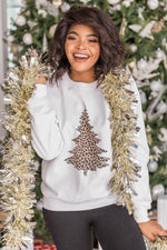 Load image into Gallery viewer, Animal Print Christmas Tree Graphic White Sweatshirt
