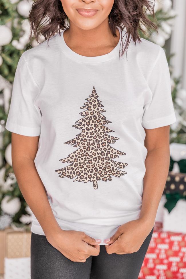 Animal Print Christmas Tree Graphic White Tee