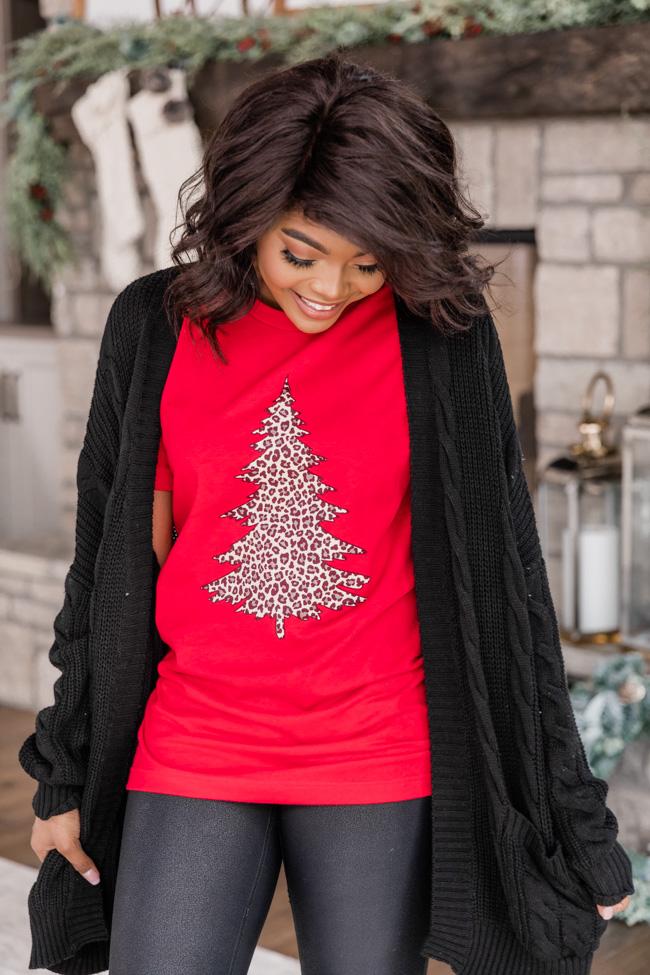 Animal Print Christmas Tree Graphic Red Tee