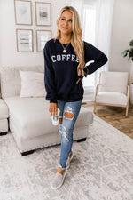 Load image into Gallery viewer, Coffee Varsity Graphic Navy Sweatshirt
