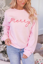 Load image into Gallery viewer, Merry Script Light Pink Graphic Sweatshirt
