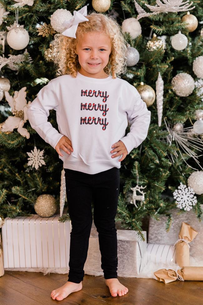 Kids Plaid Merry Merry Merry White Graphic Sweatshirt