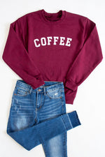 Load image into Gallery viewer, Coffee Varsity Graphic Maroon Sweatshirt
