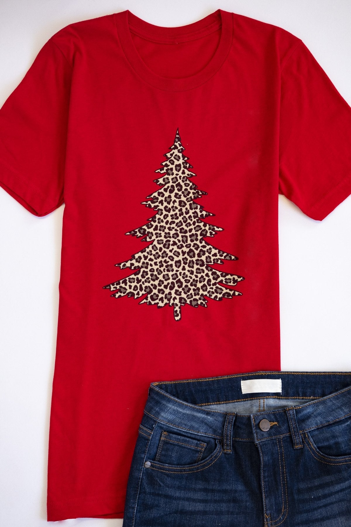 Animal Print Christmas Tree Graphic Red Tee