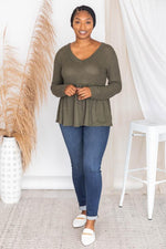 Afbeelding in Gallery-weergave laden, Chance To Shine Olive Peplum Waffle Knit Blouse
