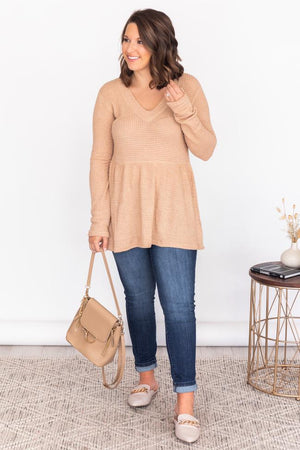 Chance To Shine Tan Peplum Waffle Knit Blouse