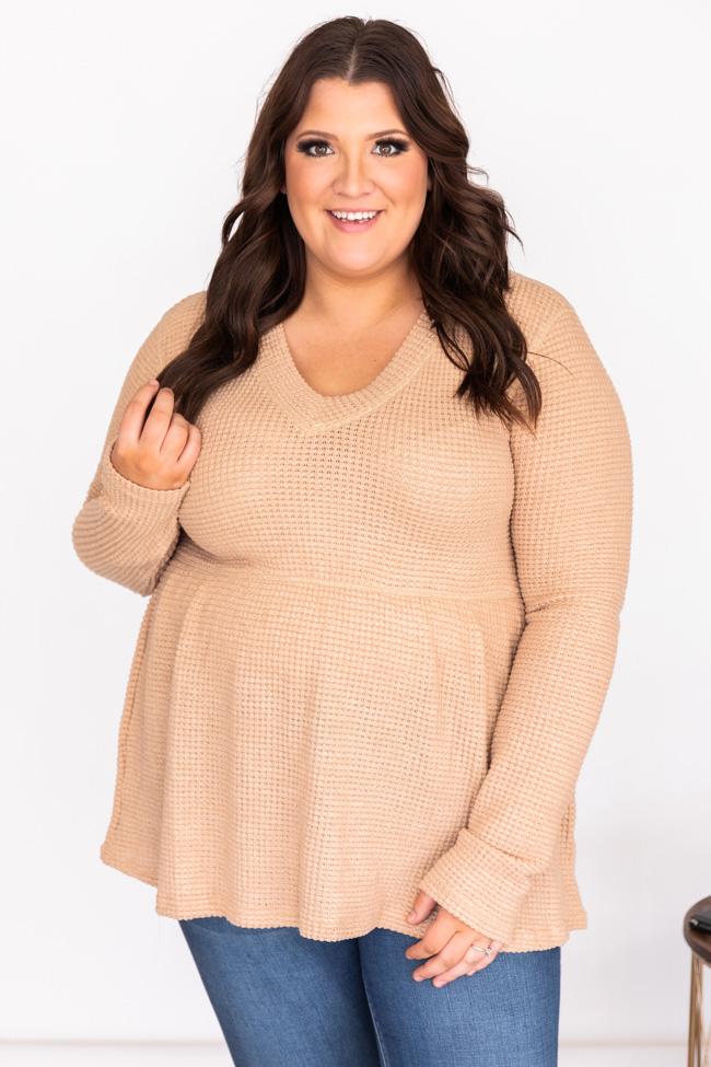 Chance To Shine Tan Peplum Waffle Knit Blouse