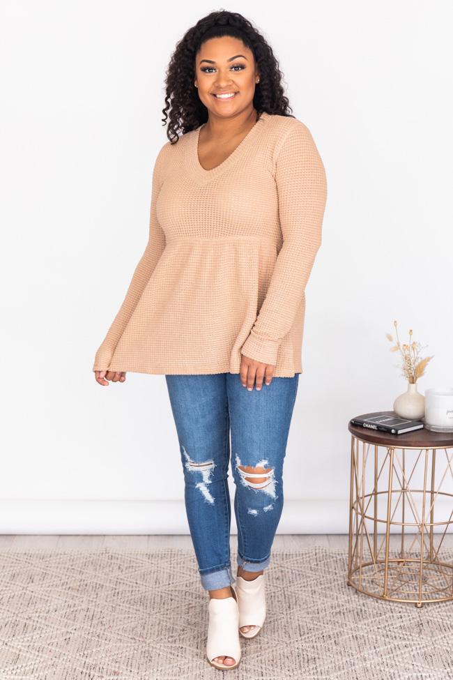 Chance To Shine Tan Peplum Waffle Knit Blouse