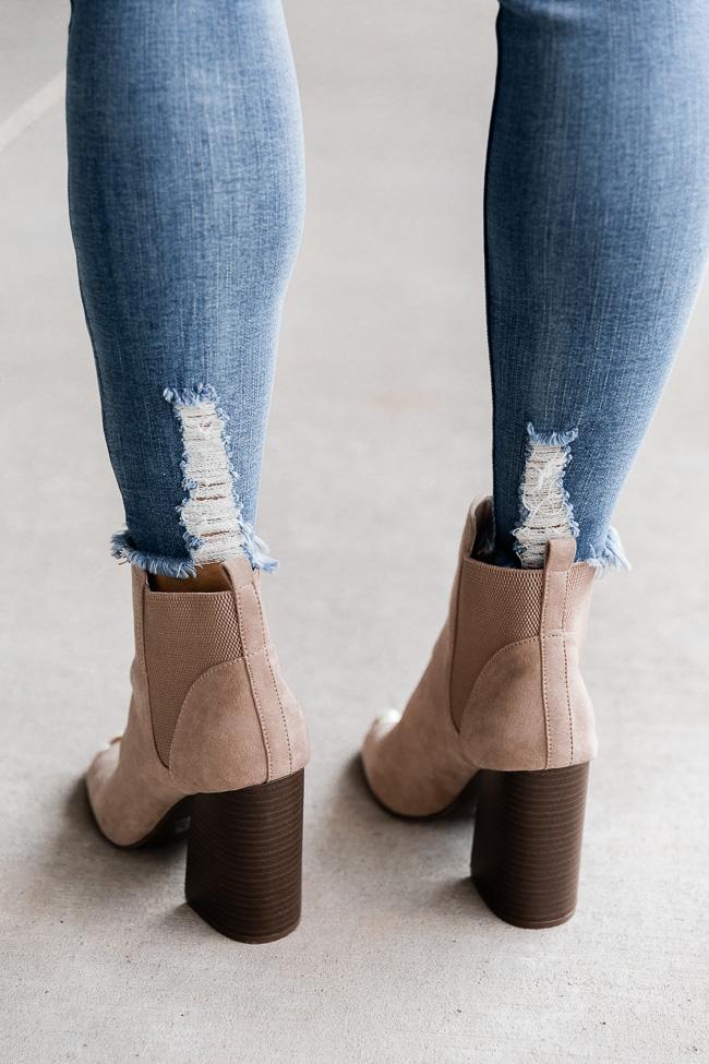 Eliana Taupe Block Heel Open Toe Booties