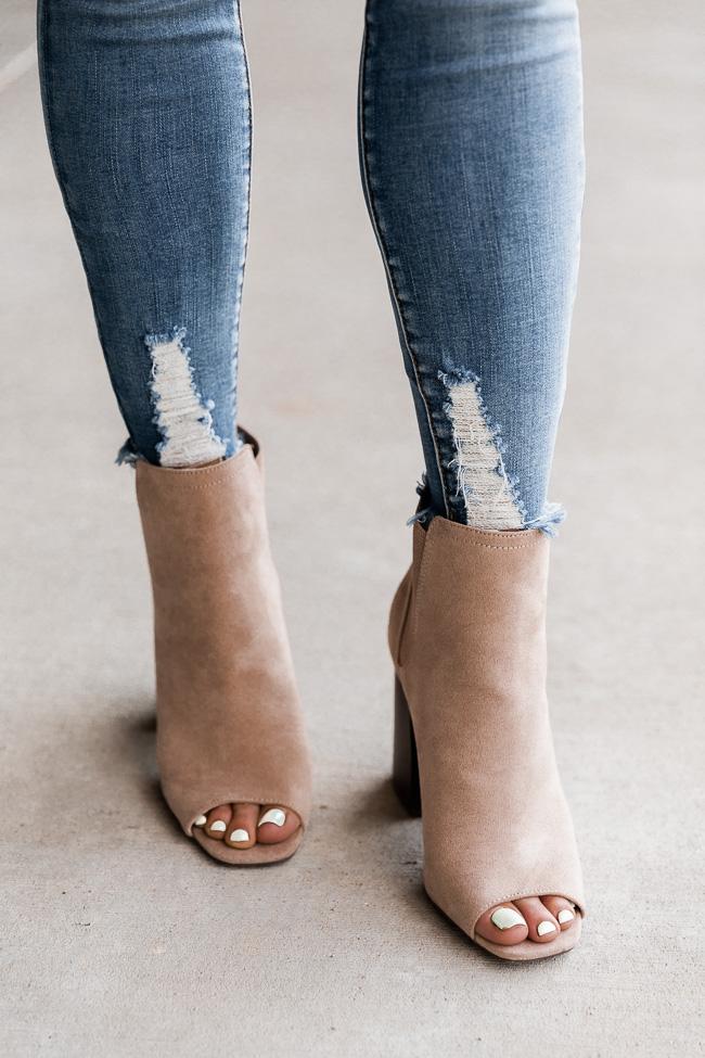 Eliana Taupe Block Heel Open Toe Booties