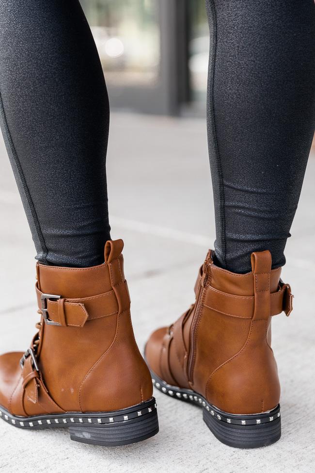 Veronica Leather Stud Camel Combat Boots