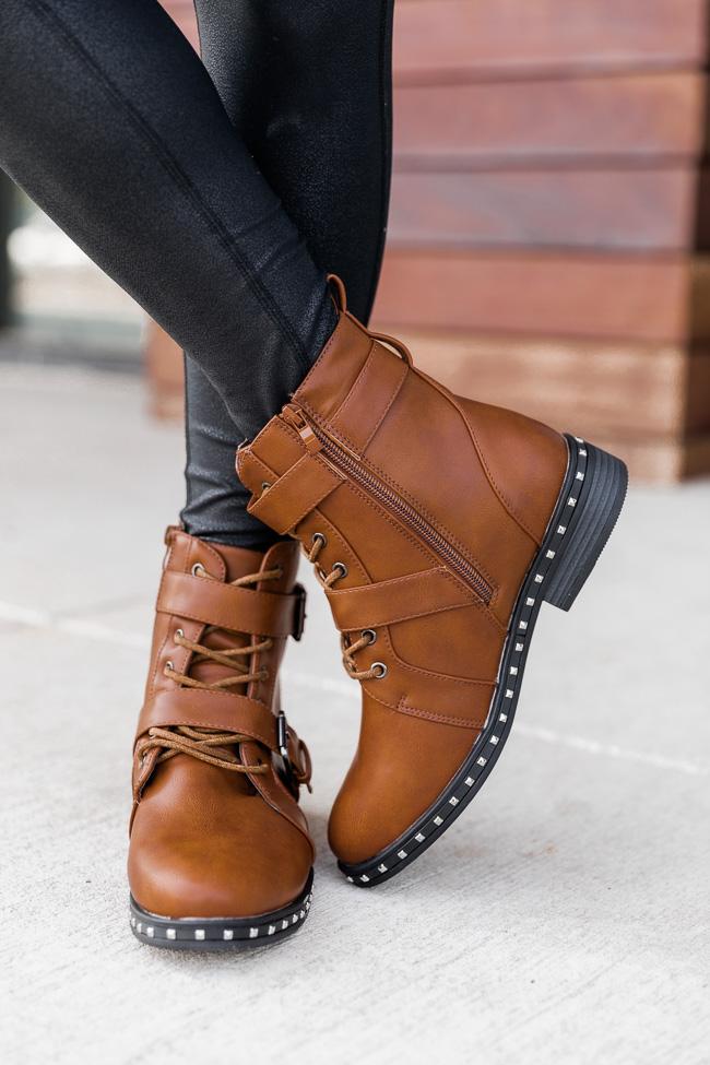 Veronica Leather Stud Camel Combat Boots