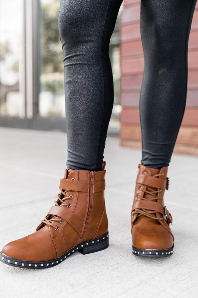 Veronica Leather Stud Camel Combat Boots