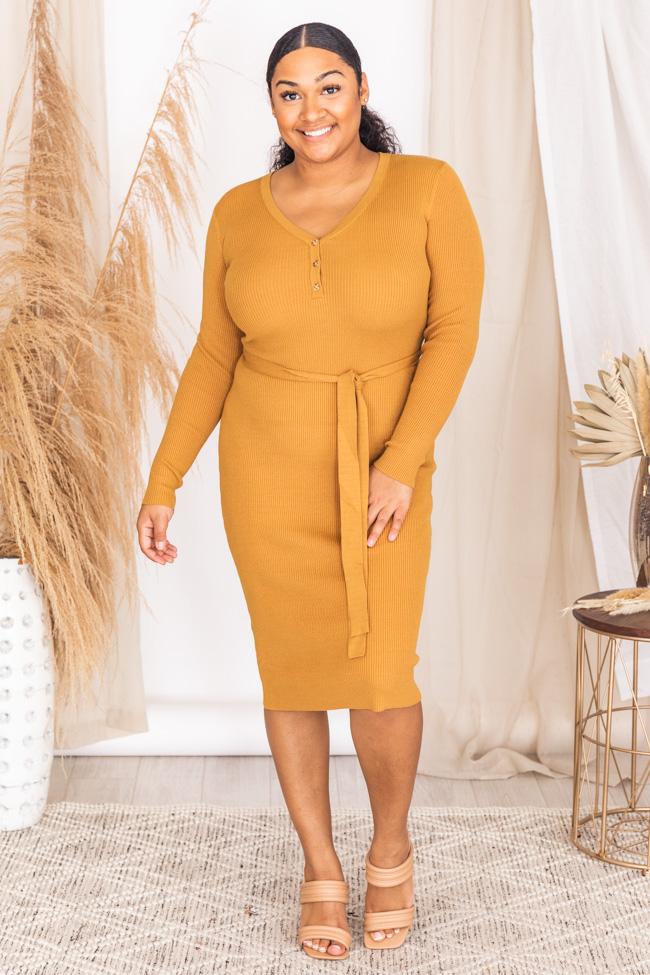 Only In Fairytales Mustard Belted Henley Midi Dress