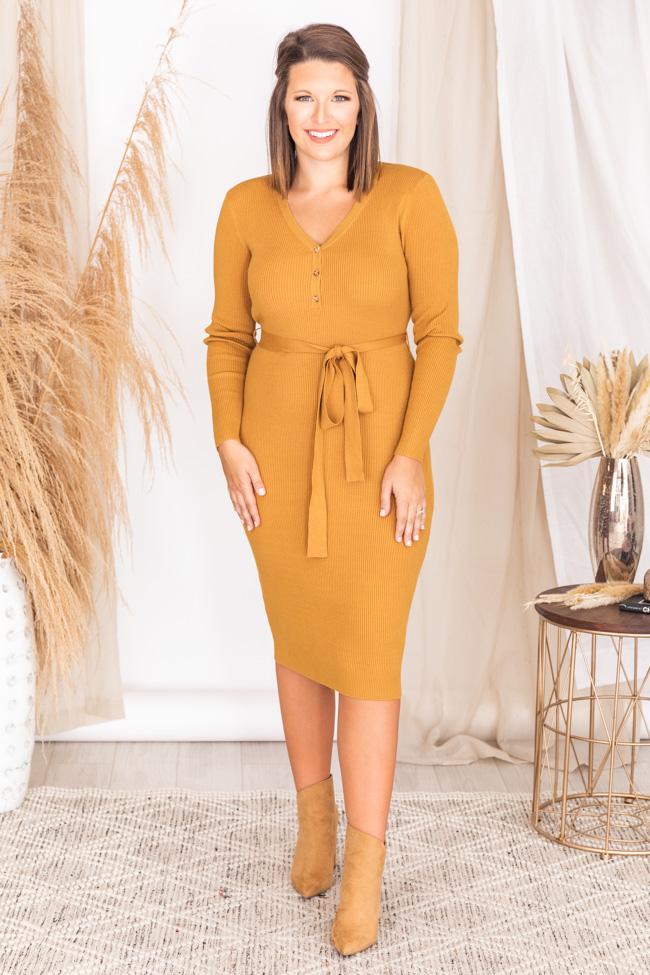 Only In Fairytales Mustard Belted Henley Midi Dress