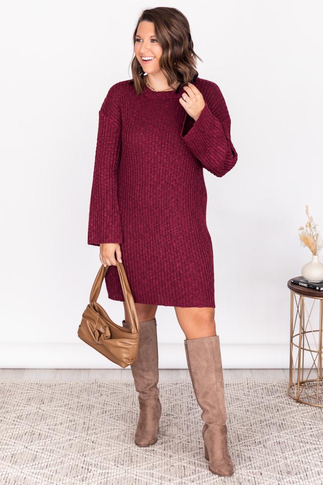 Decide My Path Ribbed Bell Sleeve Burgundy Sweater Dress