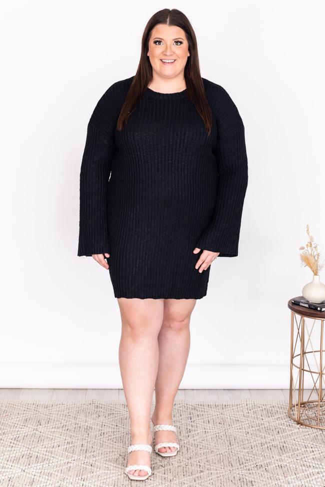 Decide My Path Ribbed Bell Sleeve Black Sweater Dress