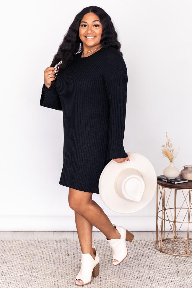 Decide My Path Ribbed Bell Sleeve Black Sweater Dress