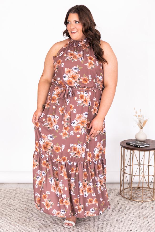 Short Notice Floral Mauve High Neck Maxi Dress