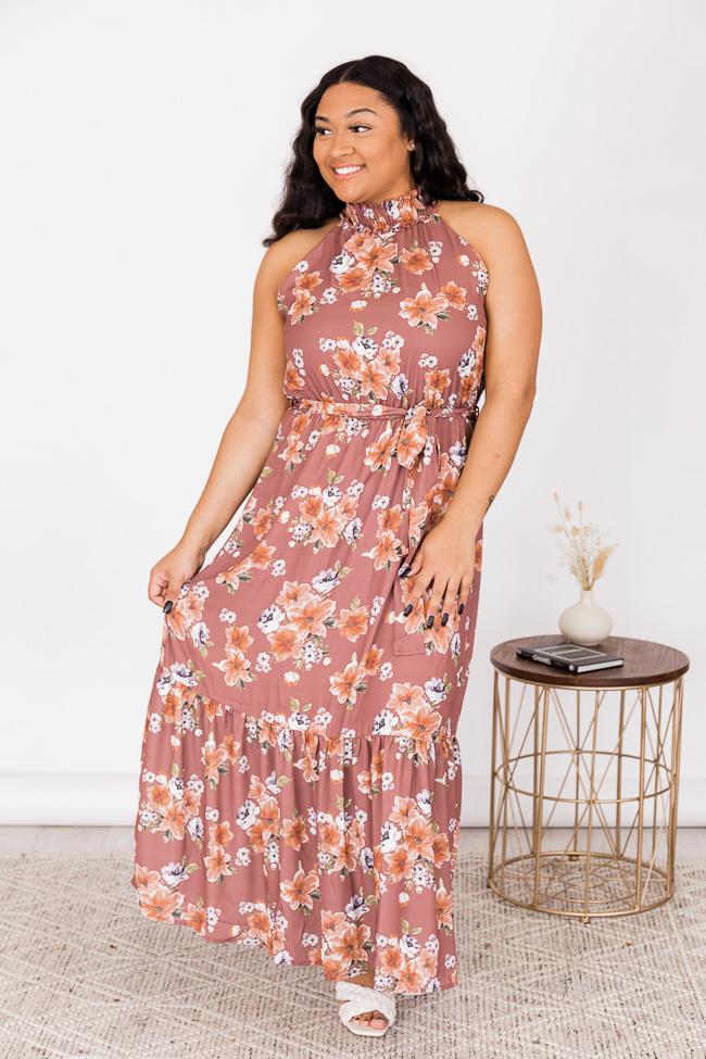 Short Notice Floral Mauve High Neck Maxi Dress