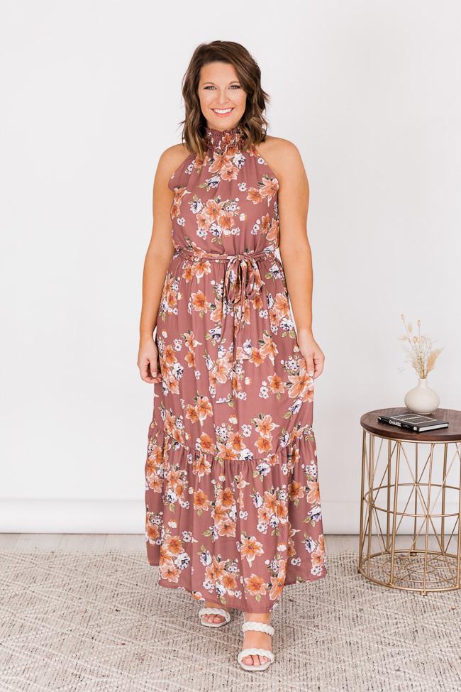 Short Notice Floral Mauve High Neck Maxi Dress