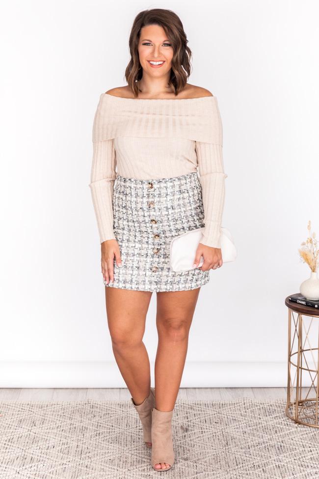 CAITLIN COVINGTON X PINK LILY The Mimi Button Front Grey Tweed Skirt PRE-ORDER