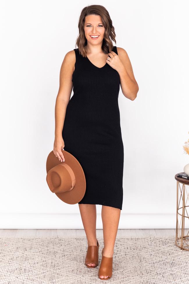 CAITLIN COVINGTON X PINK LILY The Courtney Ribbed V-Neck Black Midi Dress