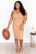 Load image into Gallery viewer, CAITLIN COVINGTON X PINK LILY The Courtney Ribbed V-Neck Tan Midi Dress
