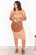 Load image into Gallery viewer, CAITLIN COVINGTON X PINK LILY The Courtney Ribbed V-Neck Tan Midi Dress
