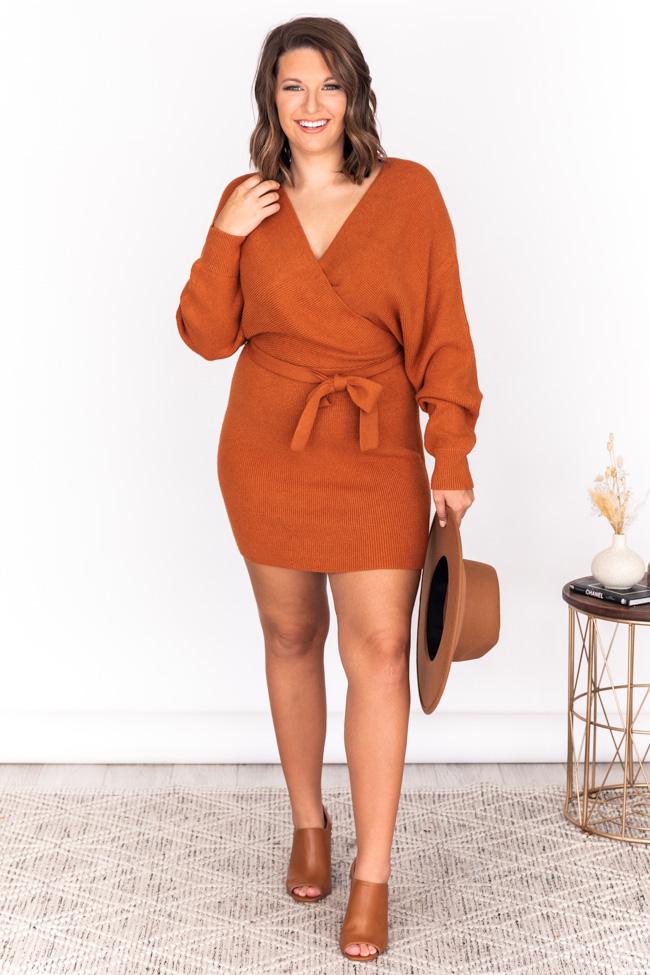 CAITLIN COVINGTON X PINK LILY  The Chelsea Wrap Burnt Orange Sweater Dress