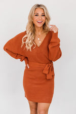 Ladda upp bild till gallerivisning, CAITLIN COVINGTON X PINK LILY  The Chelsea Wrap Burnt Orange Sweater Dress
