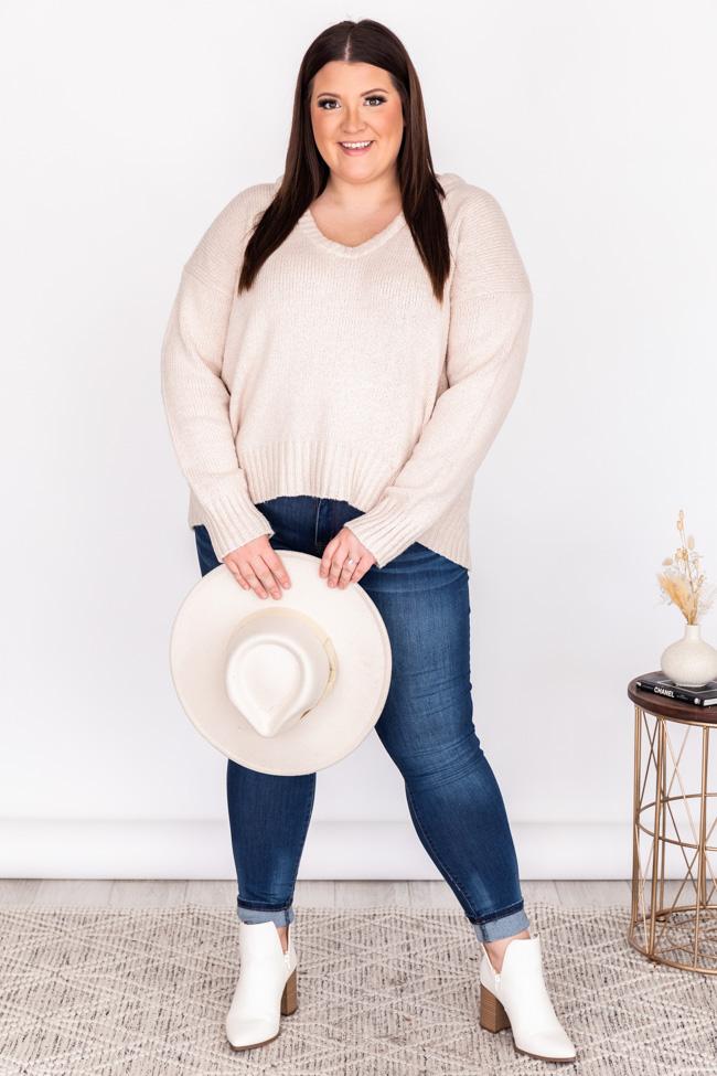 CAITLIN COVINGTON X PINK LILY The Kelsey Wide Neck Taupe Sweater