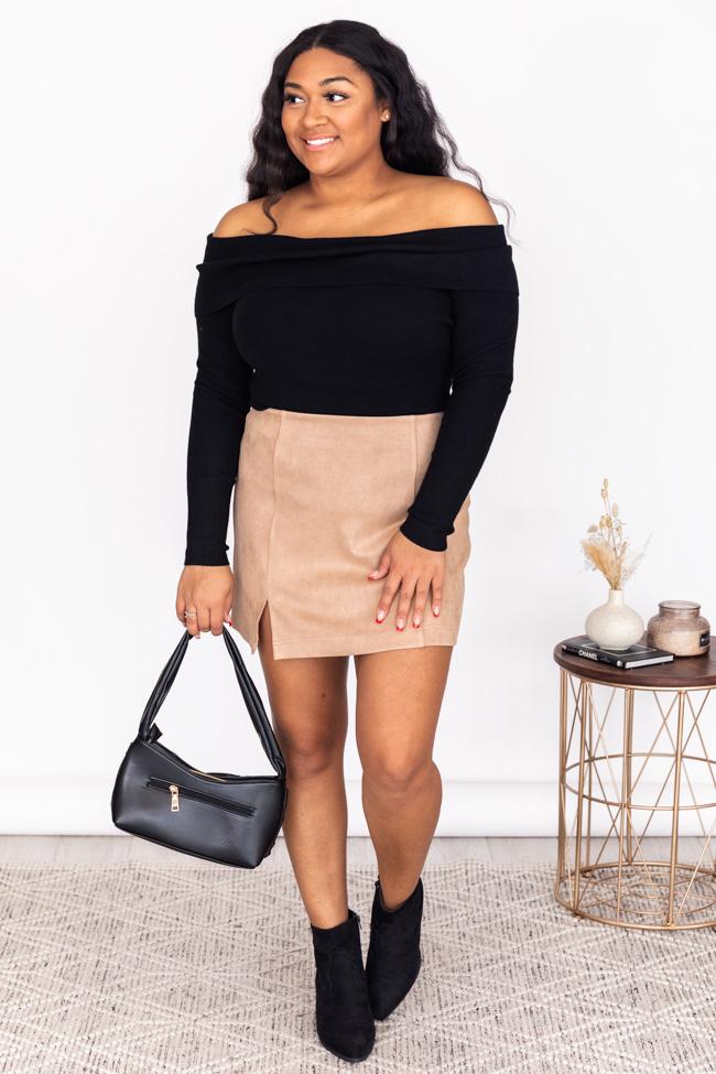 CAITLIN COVINGTON X PINK LILY The Ella Side Slit Tan Suede Skirt