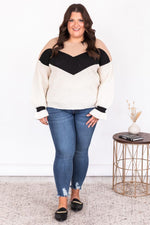 Afbeelding in Gallery-weergave laden, Carefree Heart Ivory/Tan Colorblock Chevron Sweater
