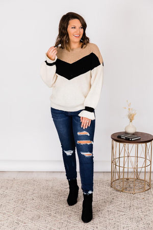 Carefree Heart Ivory/Tan Colorblock Chevron Sweater