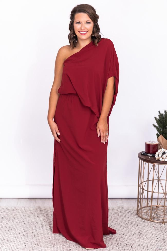 Found My Forever Burgundy One Shoulder Maxi Dress