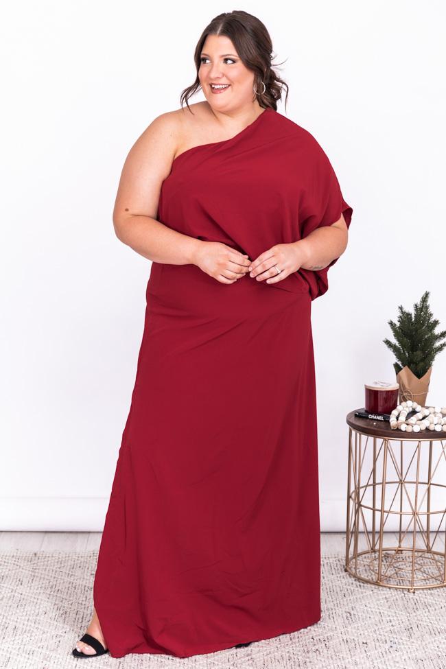 Found My Forever Burgundy One Shoulder Maxi Dress