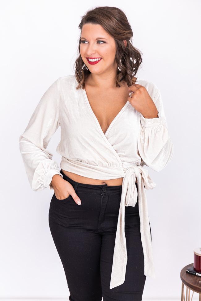 Waiting All Night Ivory Velvet Wrap Blouse